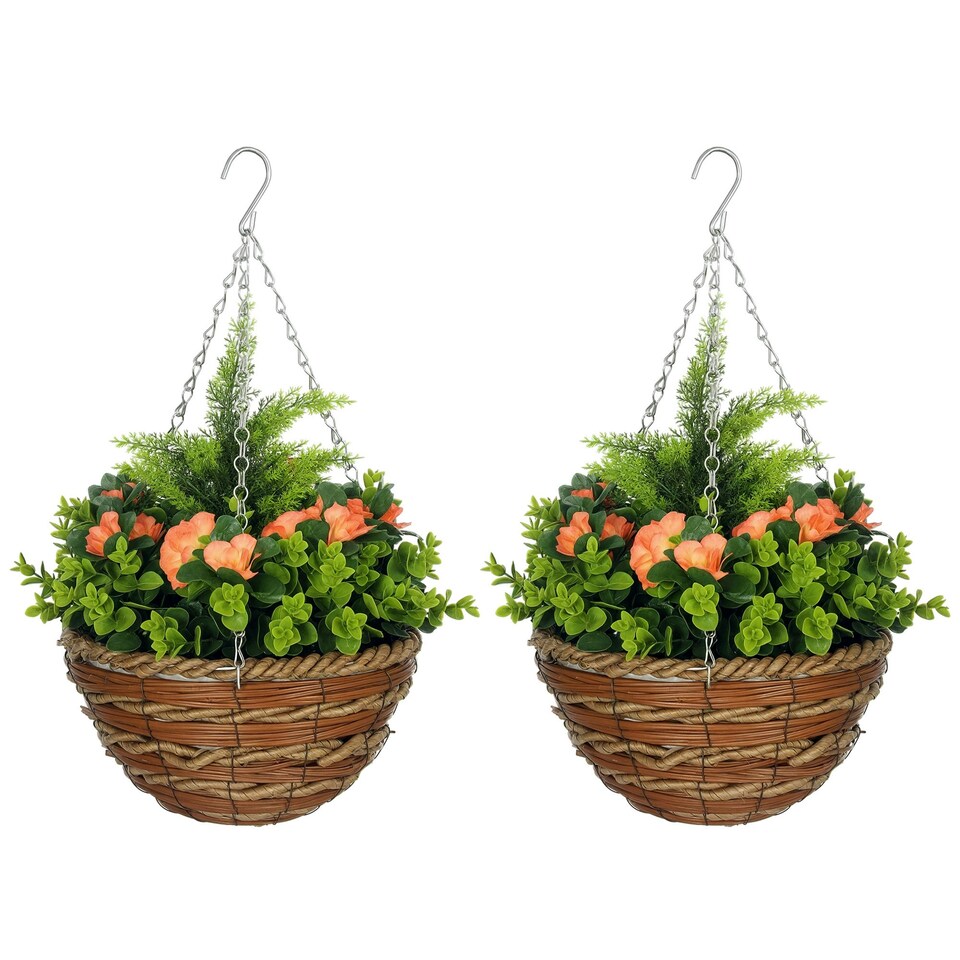 image 1 of Outsunny 2 PCs Artificial Lisianthus Flower Hanging Planter Basket Orange