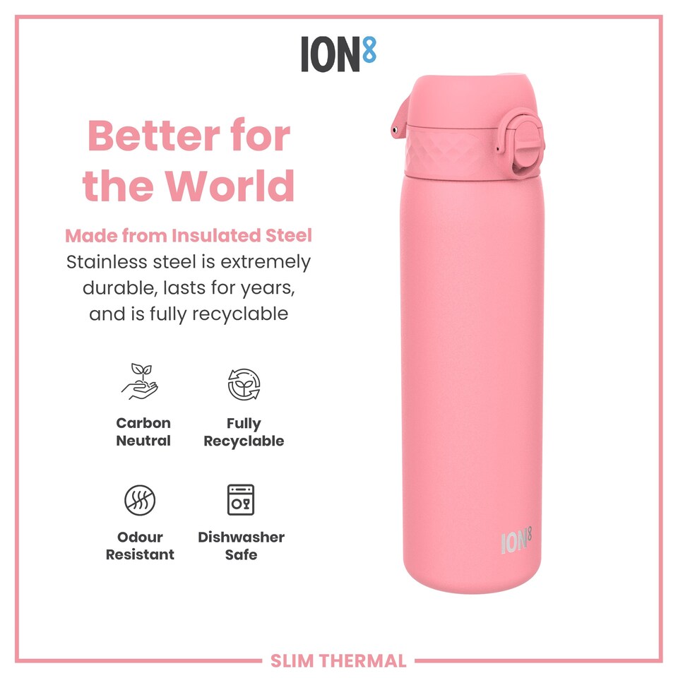 image 1 of Leak Proof Slim Water Bottle, Vacuum Insulated, 500ml (17oz) | Pink | Rose Bloom | One Size