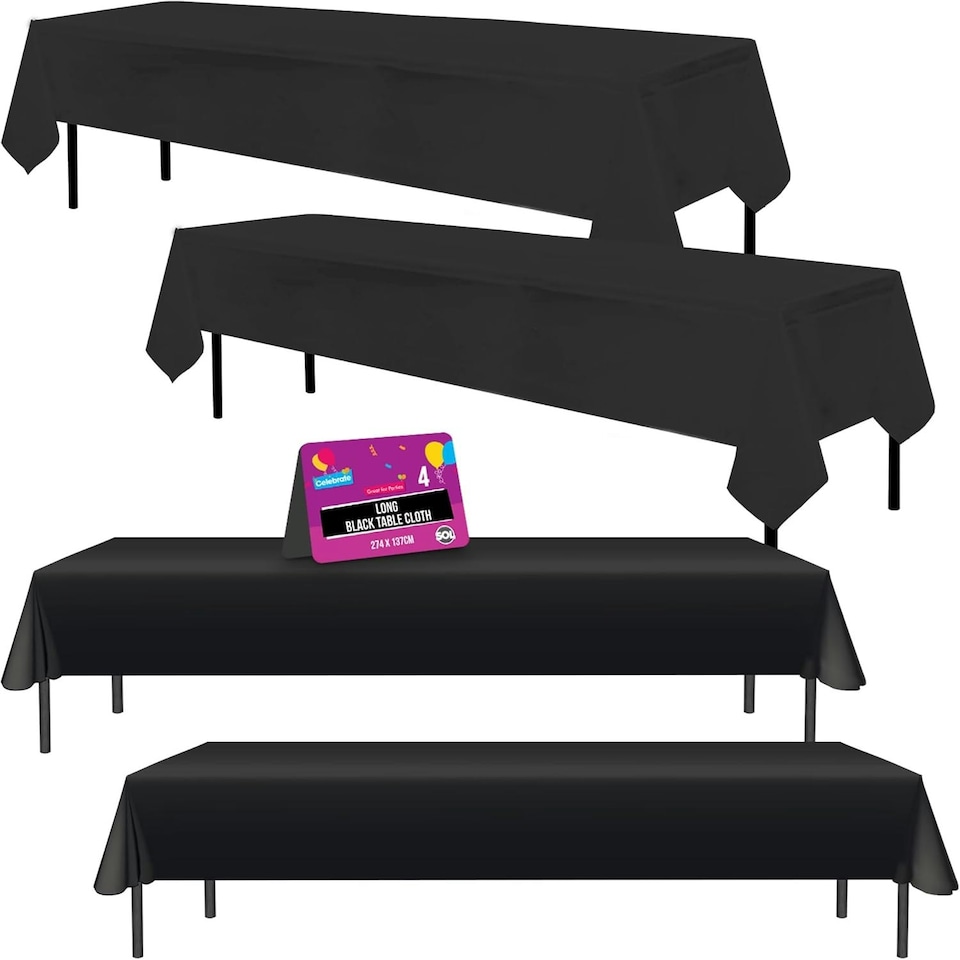 image 1 of SOL 4pk Long Black Table Cloth Party 274x137cm Plastic Cover Tablecloth Black