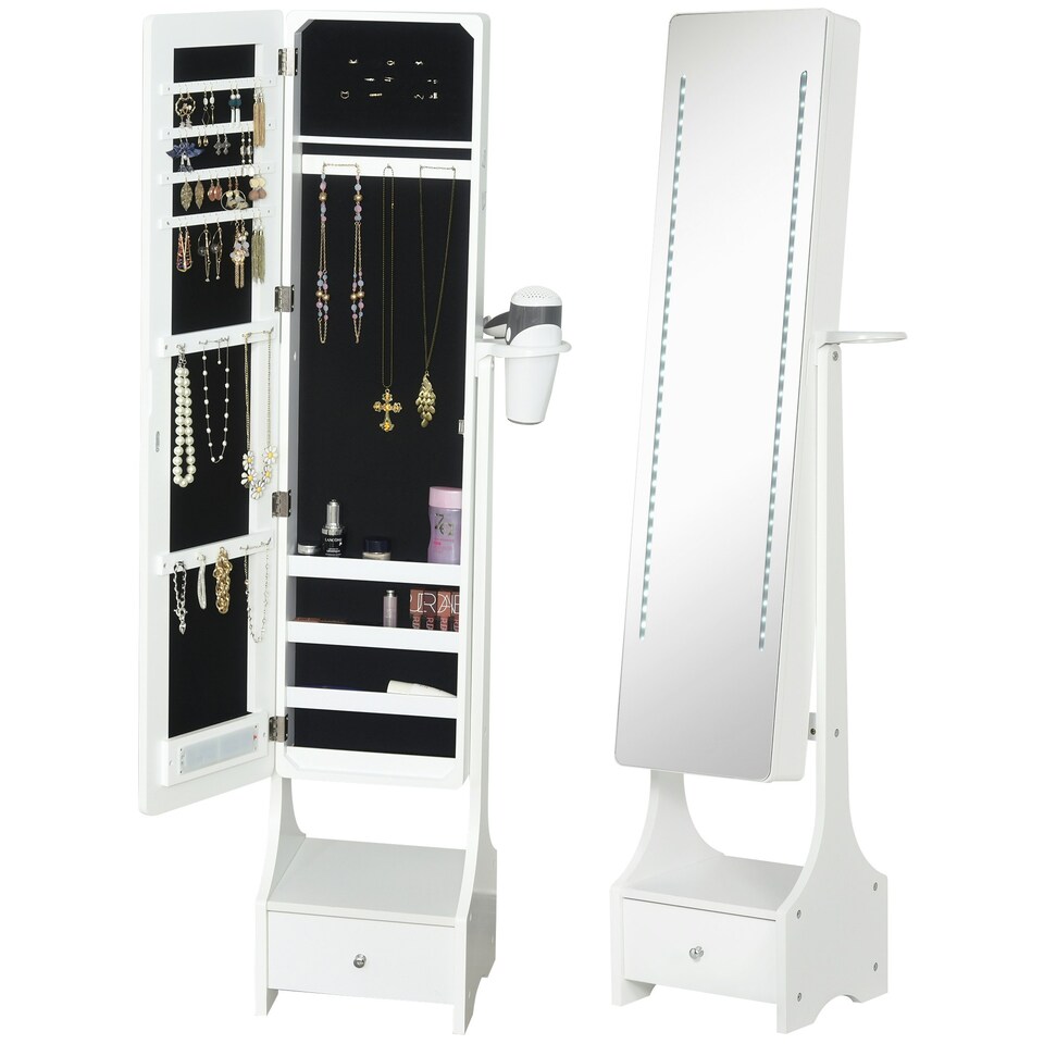 image 1 of HOMCOM Freestanding Jewellery Storage Mirror Armoire w/ LED Lights Hooks Drawer