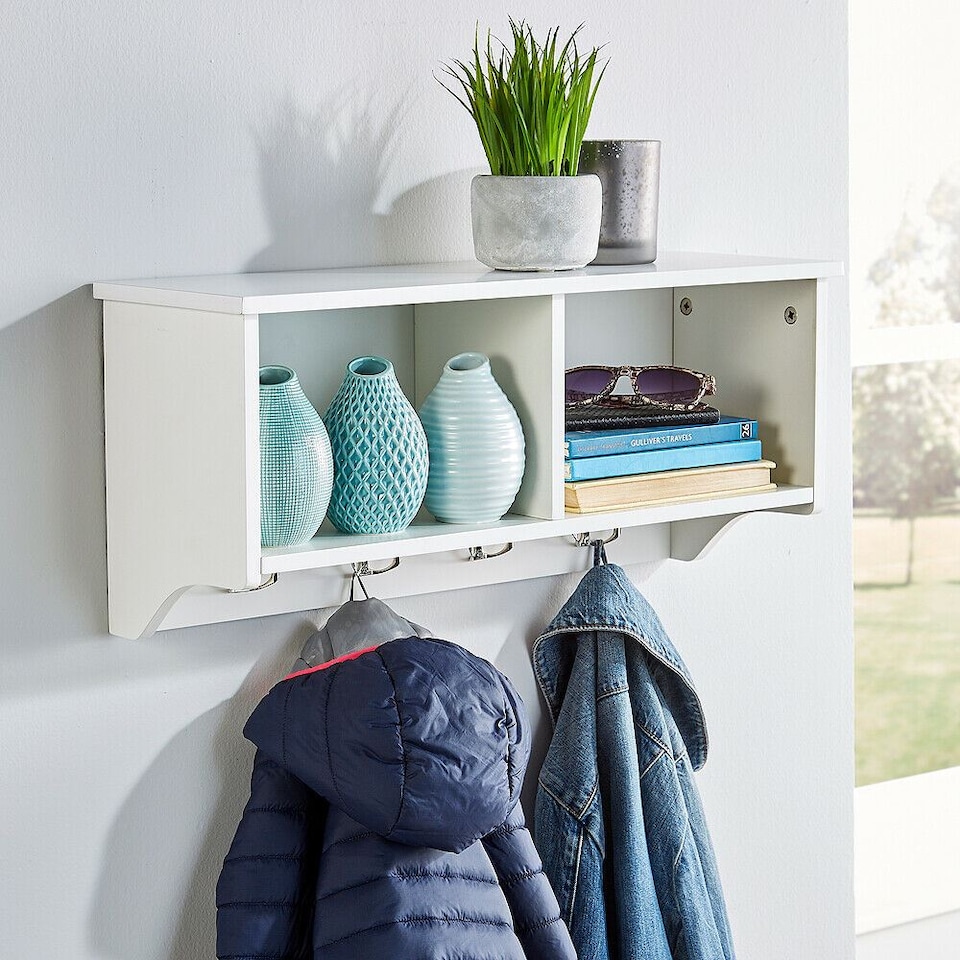 image 1 of Coat Hook Wall Mounted Unit 2 Open Shelves 4 Robe Hooks Bathroom Hallway | White