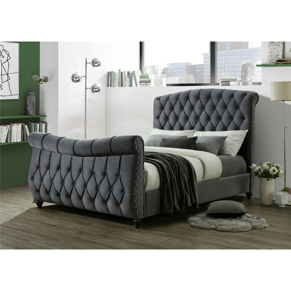 Upholstered Velvet Dark Grey Bed - Double 4ft 6" (150cm)