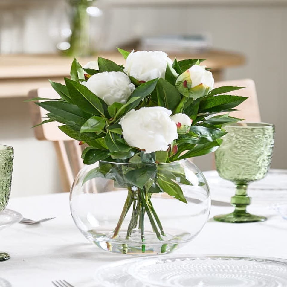 image 1 of White Peonies in Globe Vase