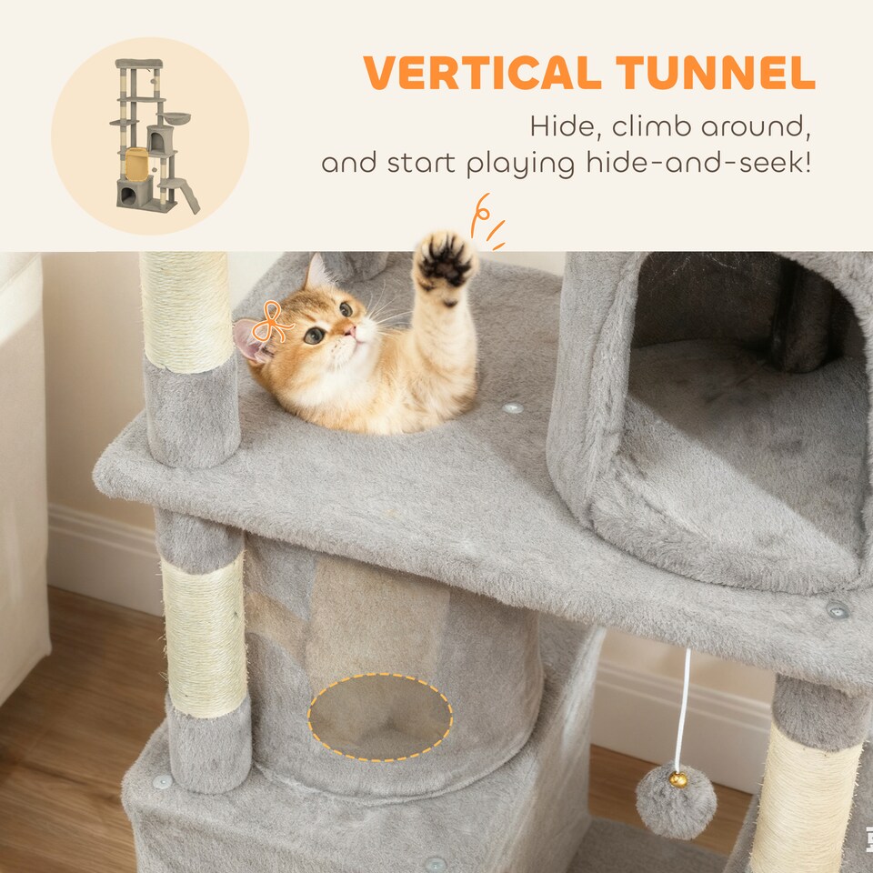 image 1 of PawHut Cat Tree, 170 cm Large Cat Tower with 7 Scratching Posts, 1 Tunnel, 2 Condos, 1 Hammock, 1 Perch, 1 Ramp, 3 Platforms, 2 Pompoms, Multi-Level Kitty House for Indoor Kittens, Light Grey