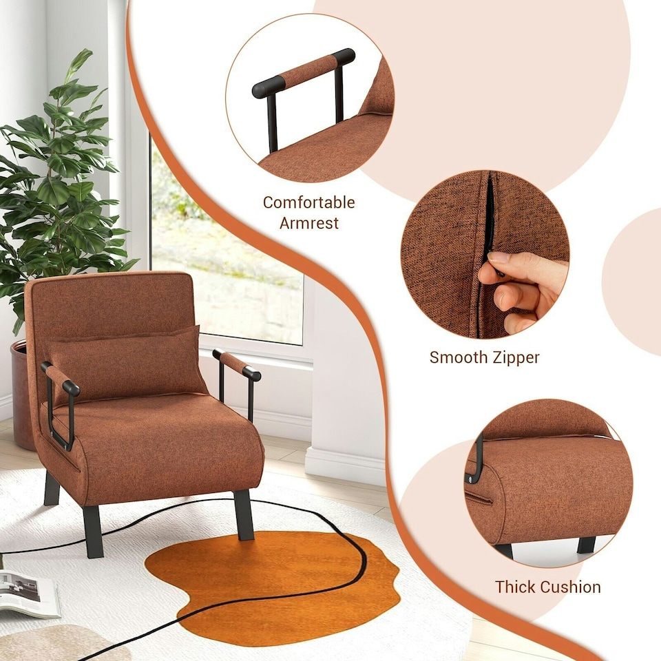 image 1 of COSTWAY Convertible Single Folding Sofa Bed Sleep Chair Brown Brown