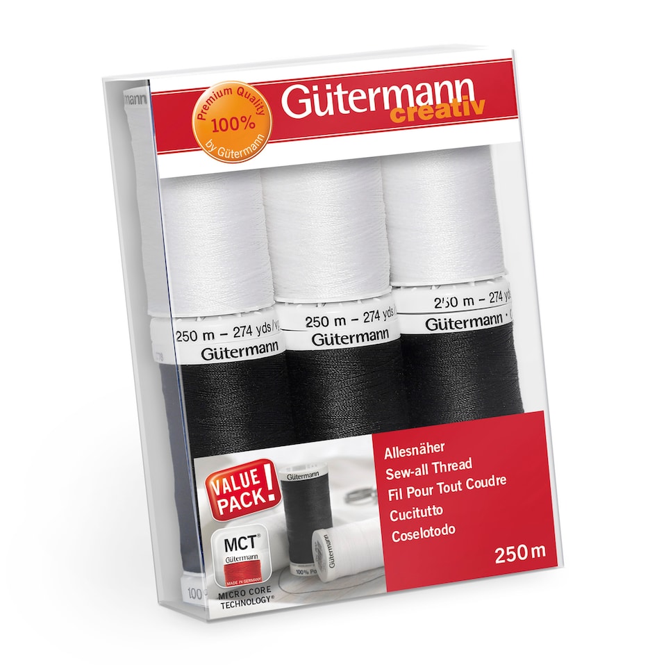 Gutermann Sew-All Thread Set - 6x250m Black & White, Universal Polyester Thread for Machine & Hand Sewing