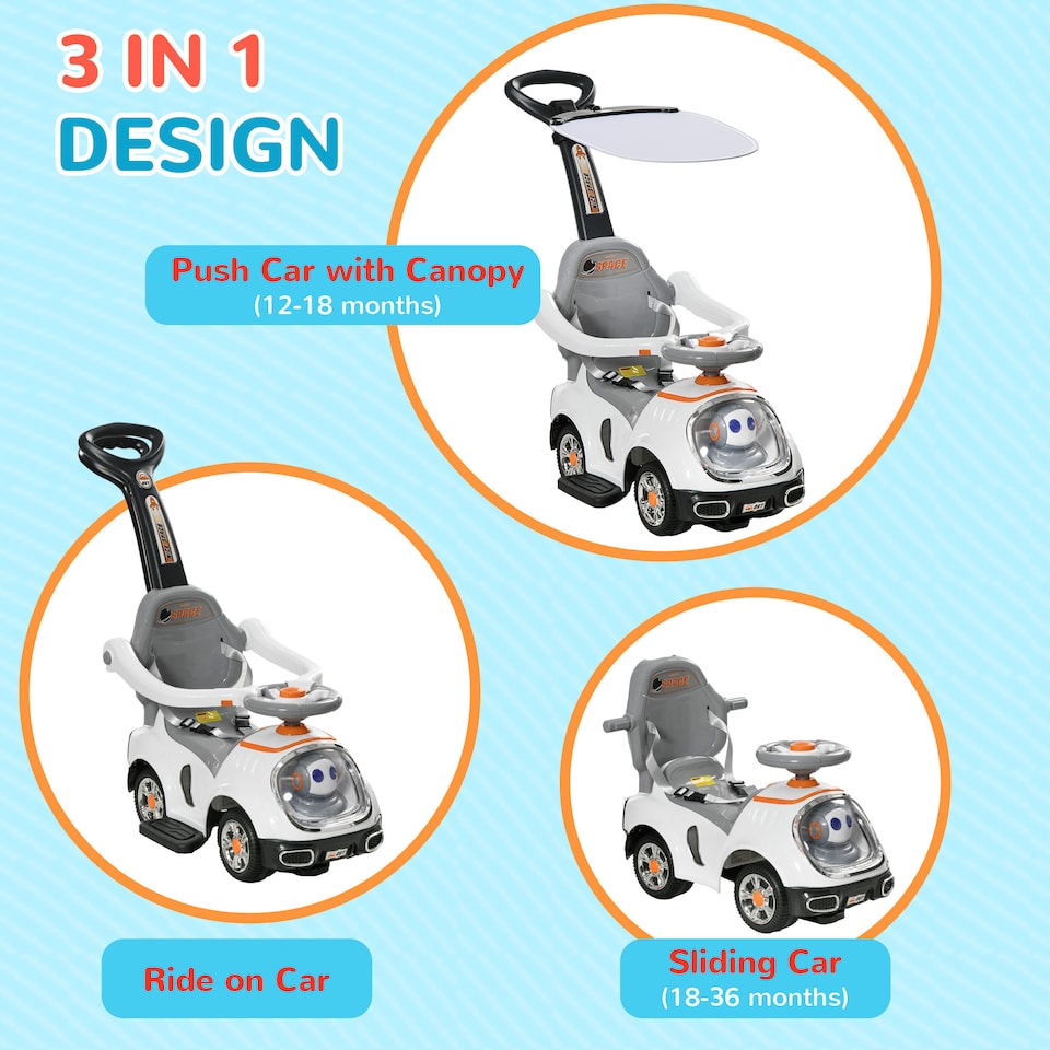 image 1 of AIYAPLAY 3 in 1 Ride on Push Car, Cartoon Robot Theme Foot to Floor Slider, Baby Push Along Car with Parent Handle, Light Music Horn, Underneath Storage, for Boys Girls 12-36 Months - White | White | White