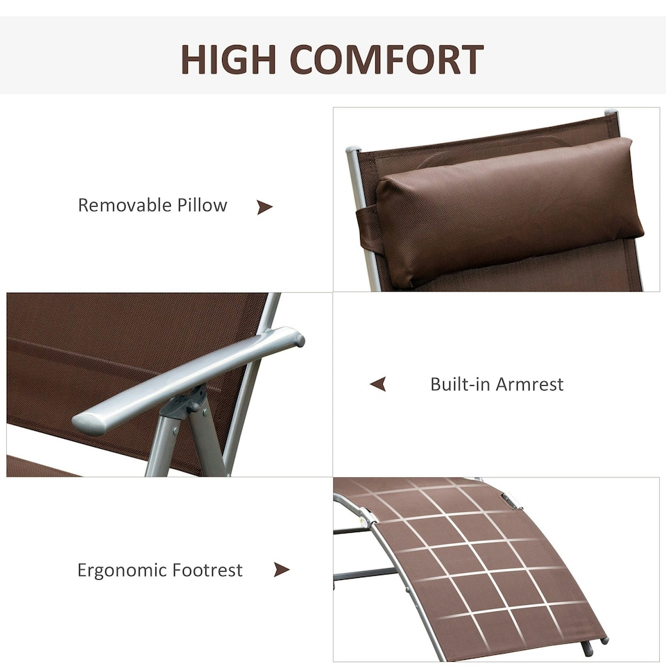 image 1 of Outsunny Sun Lounger Recliner w/ Pillow Foldable 7 Levels Texteline Brown