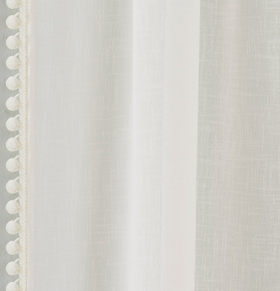 image 1 of Pair of Tahiti Cream Pom-Pom Trim Linen Look Voile Panels with Rod Pocket Header 137 CMS
