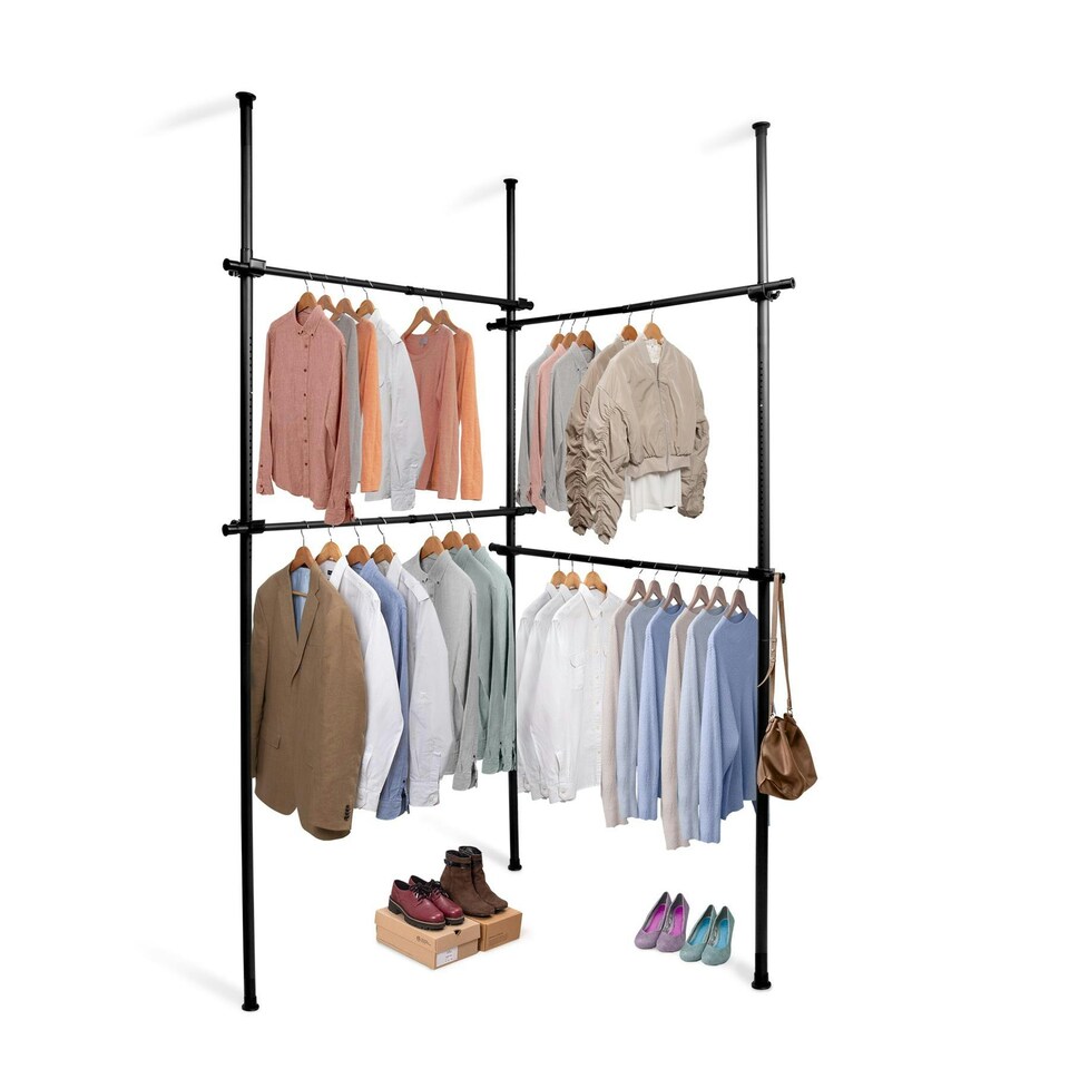 image 1 of Telescopic Double Rail Clothes Wardrobe Organise Hanging Rack Adjustable Storage Black Black | One Size