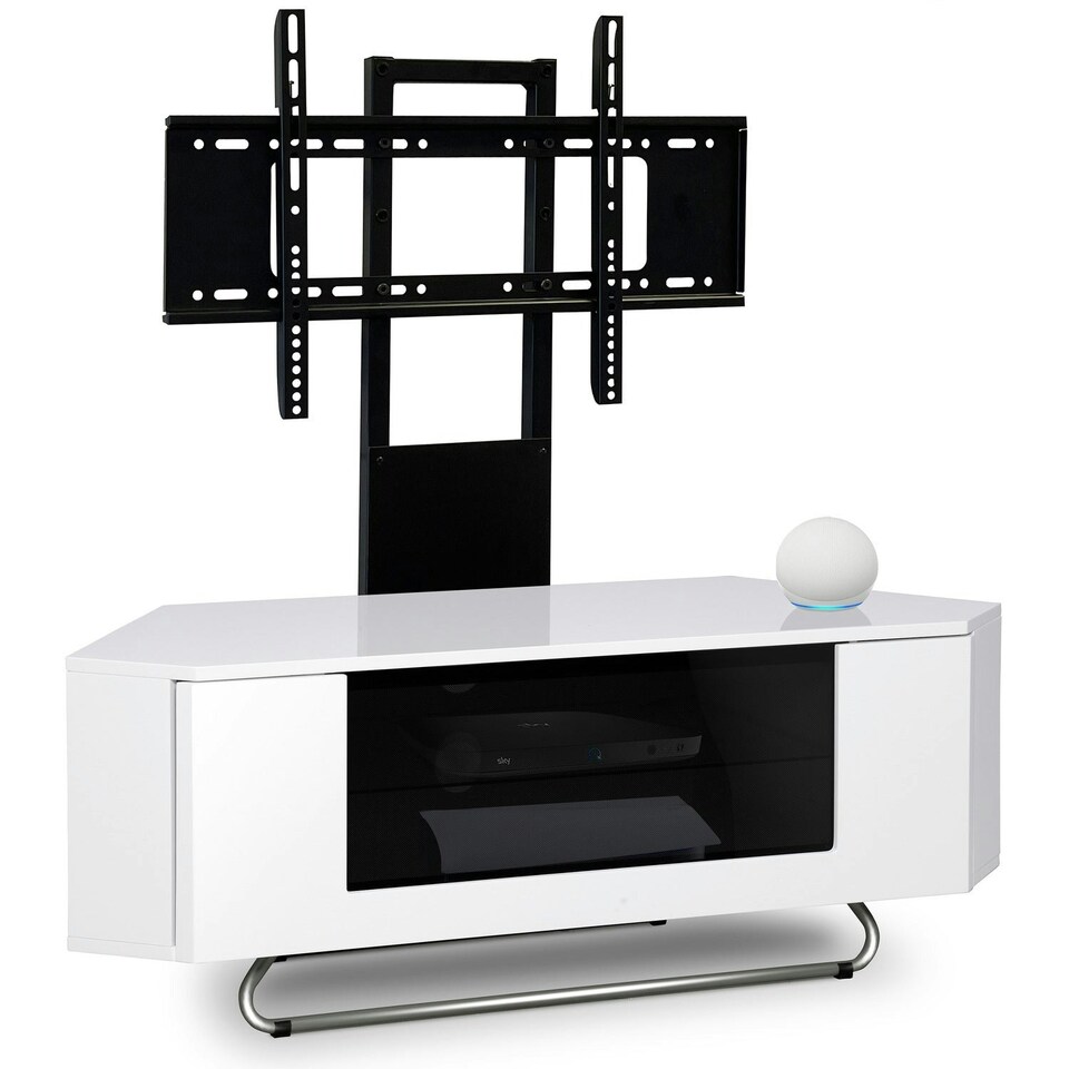 image 1 of Centurion Supports Hampshire Corner-Friendly Gloss White with Contrast Beam-Thru Remote Friendly Door 26"-50" Flat Screen TV Cabinet with Mounting Arm White