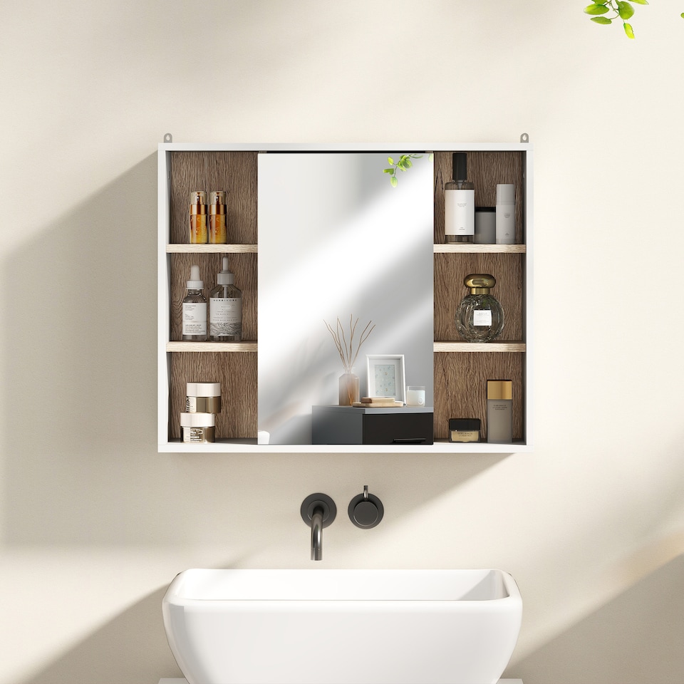 image 1 of HOMCOM Bathroom Mirror Cabinet, Wall Mounted Storage Cabinet with Open Cupboard and Adjustable Shelf, White