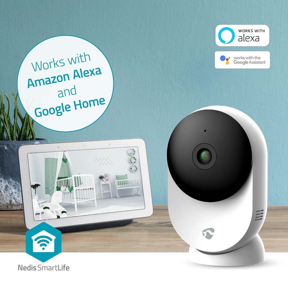 image 1 of NEDIS Smart Indoor Camera, Wi-Fi, 3MP Full HD, Baby & Pet Monitor with Motion & Sound Detection, Night Vision, 110 Degree View, 2-Way Audio, Compatible with Alexa & Google Assistant - White