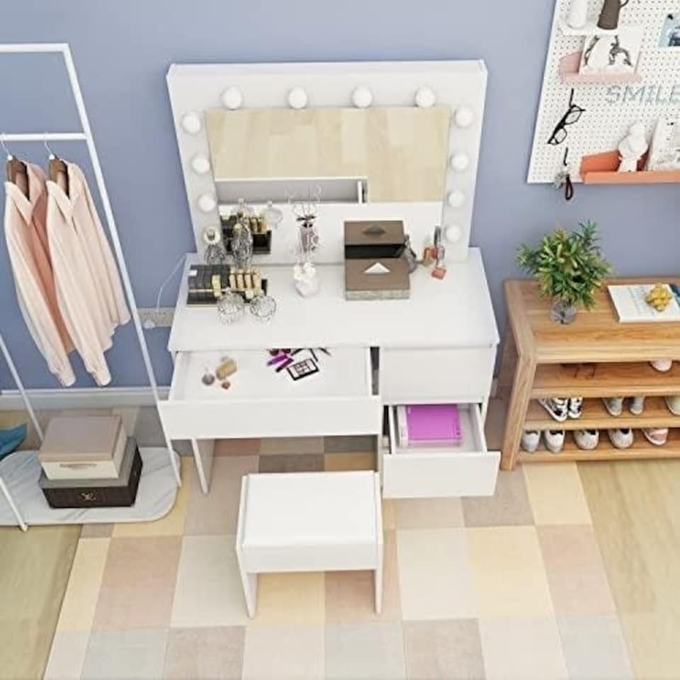 image 1 of Dressing Table with Mirror and Stool Makeup Vanity LED Bulbs Mirror Hollywood Table | White | L94 x W42 x H140 cm