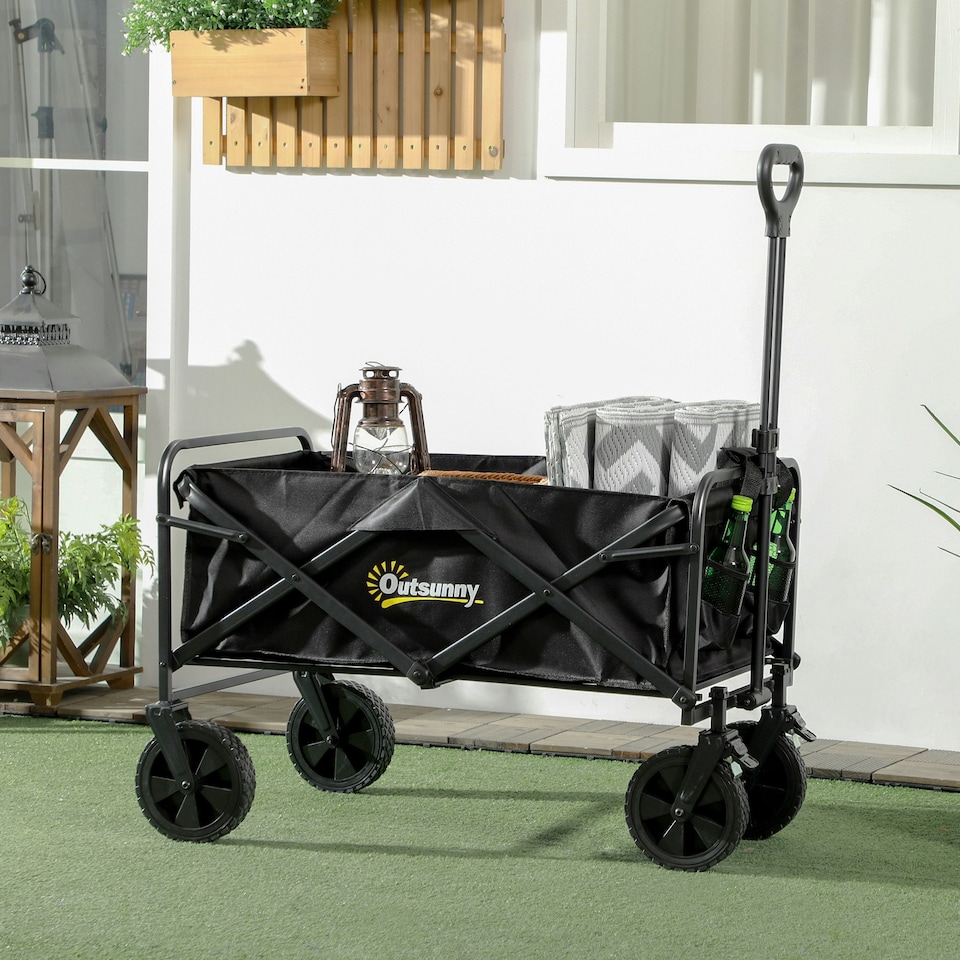 image 1 of Outsunny Folding Outdoor Storage Trolley Cart Bag Telescopic Handle Brakes Black