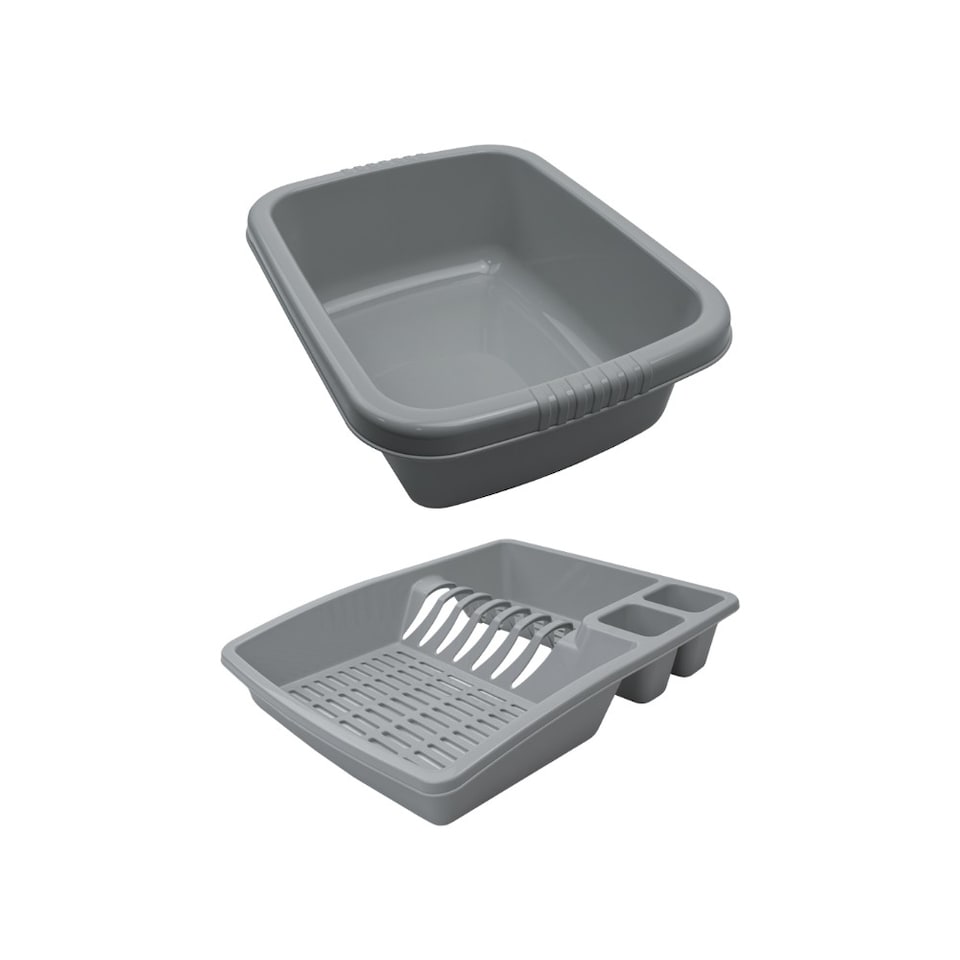 image 1 of JVL Plastic Dish Drainer and Rectangular Washing Up Bowl Kitchen Set, Grey | Grey