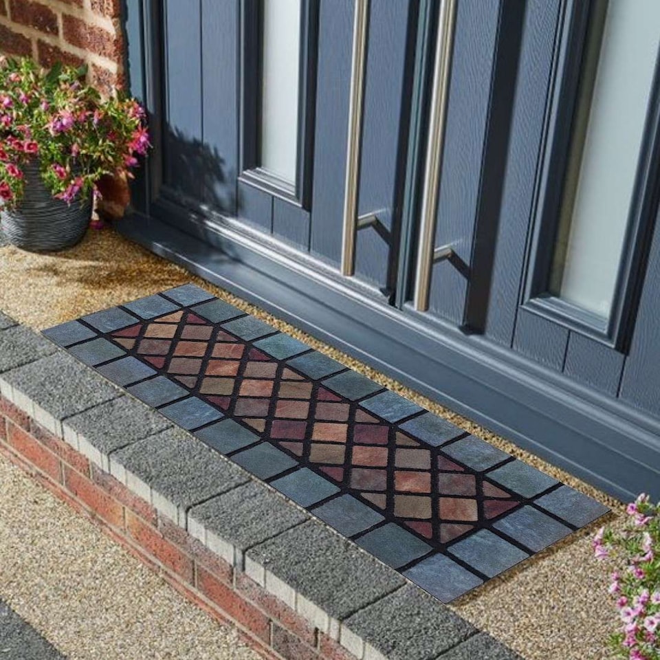 image 1 of Nicoman Rubber Elegant Blue Tile Narrow Doormat - 75x25cm