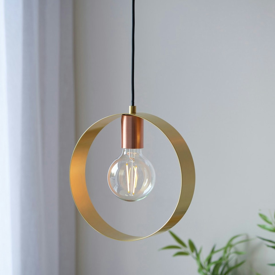 image 1 of Hoop Single Pendant Ceiling Lamp, Brushed Brass, Nickel, Copper Plate