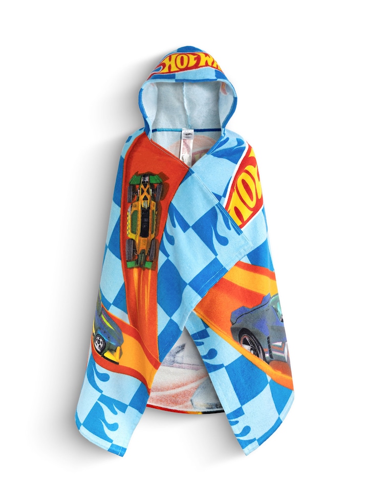 image 1 of Hot Wheels Race Track Boys Blue Poncho Towel | Hooded Beachwear with Multi-Car Graphics & Checkered Pattern | Poolside Cover-Up | After-Bath Towel for Kids | Hot Wheels Merch
