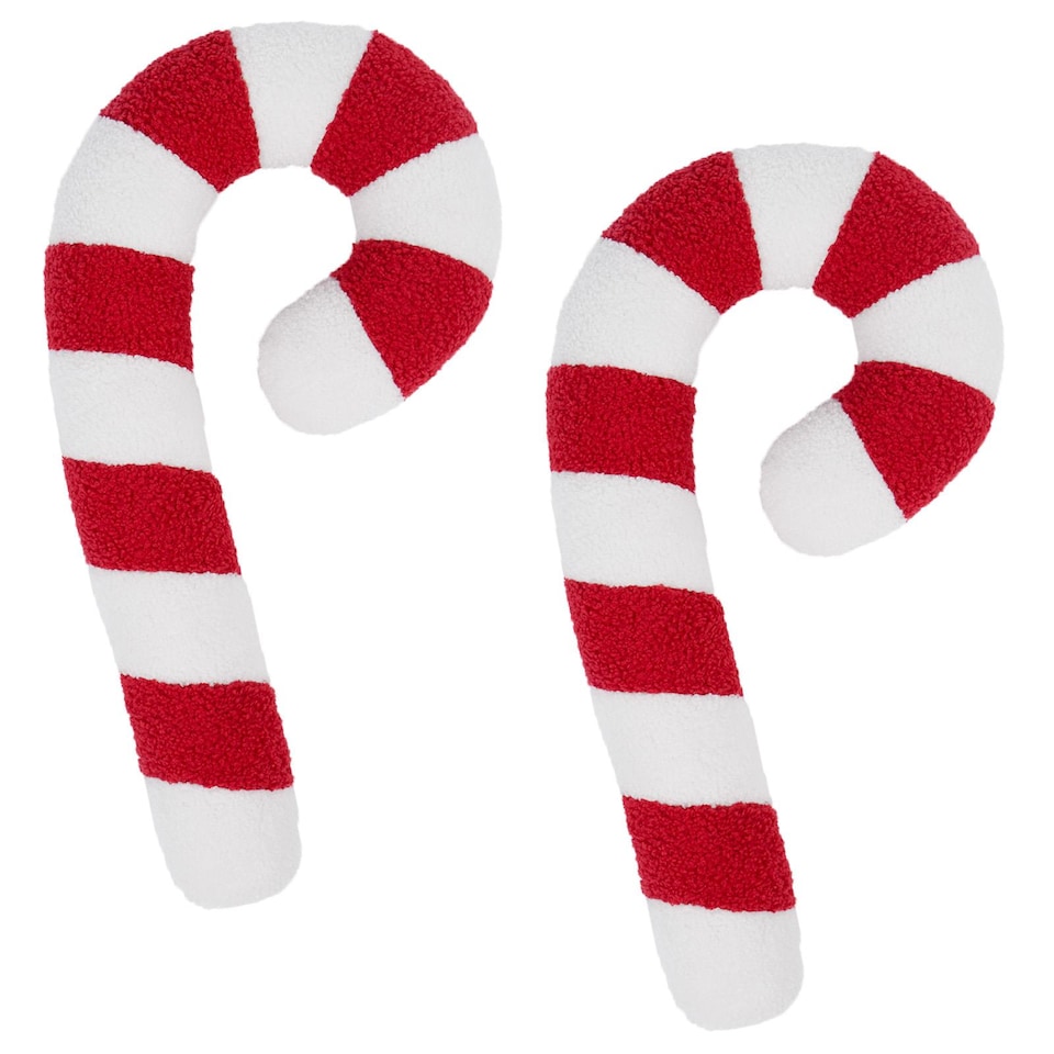 image 1 of OHS 2 x Christmas Candy Cane Soft Plush Fleece Filled Cushion | Red | Red & White