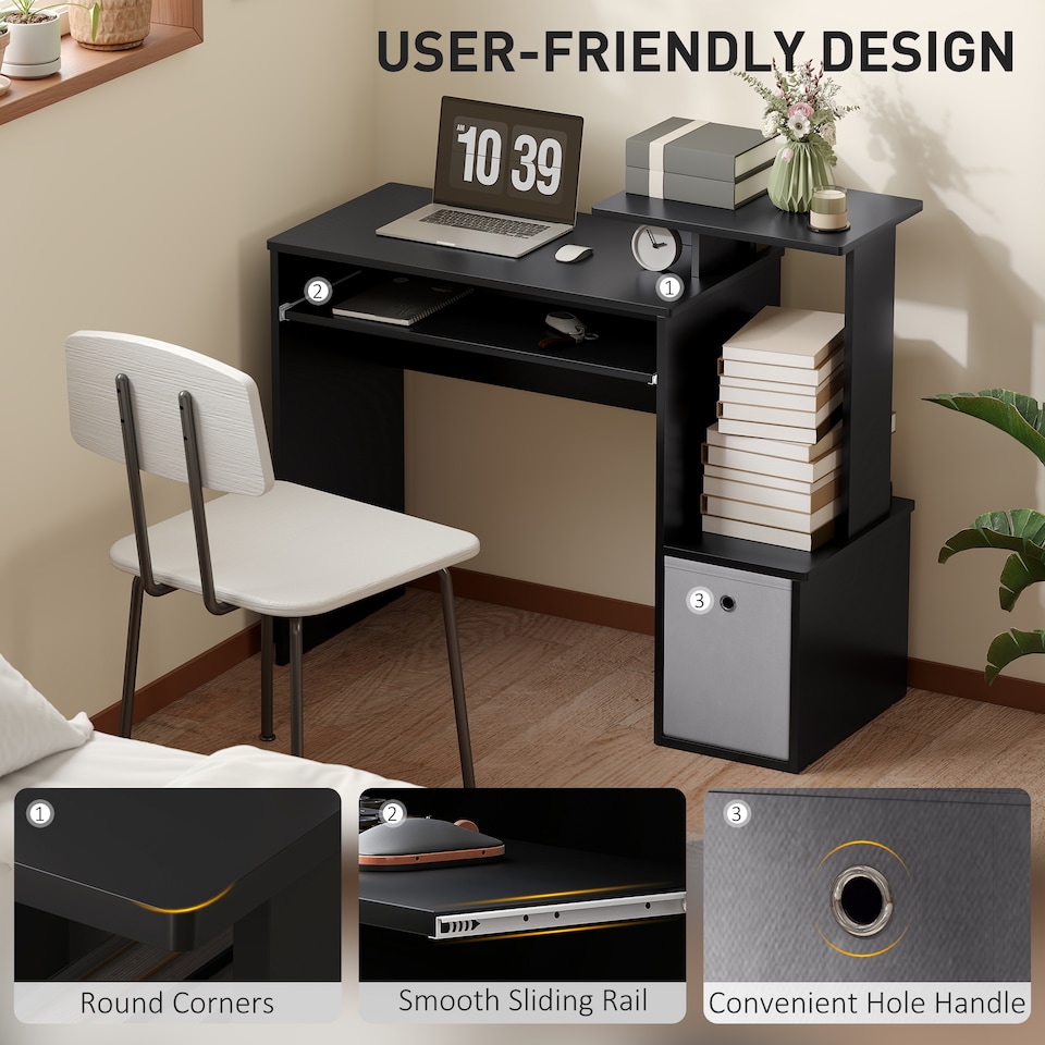 image 1 of HOMCOM Computer Desk with Sliding Keyboard Tray Storage Drawer Shelf Home Office Workstation Black