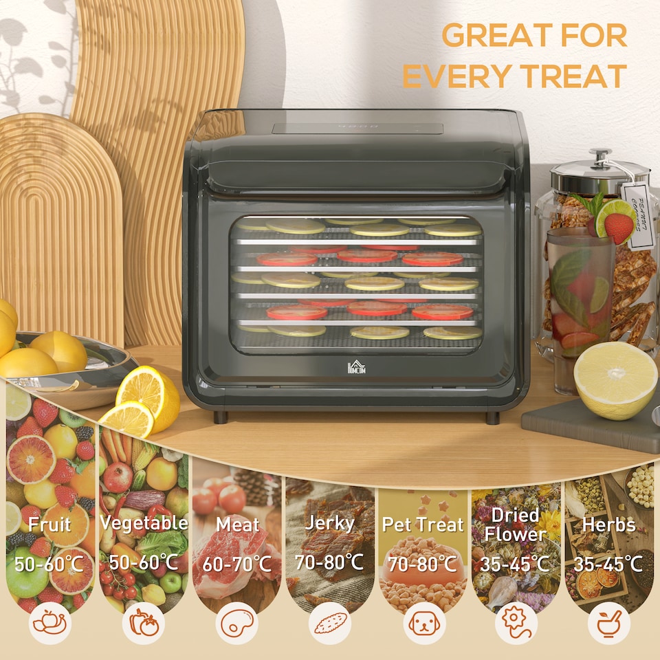 image 1 of HOMCOM Digital Food Dehydrator with 6 Stainless Steel Tray, 350W Food Dryer Machine with LED Touch Panel, Adjustable Temperature, 48H Timer for Drying Fruit, Meat, Vegetable, Jerky, Pet Treat, Black
