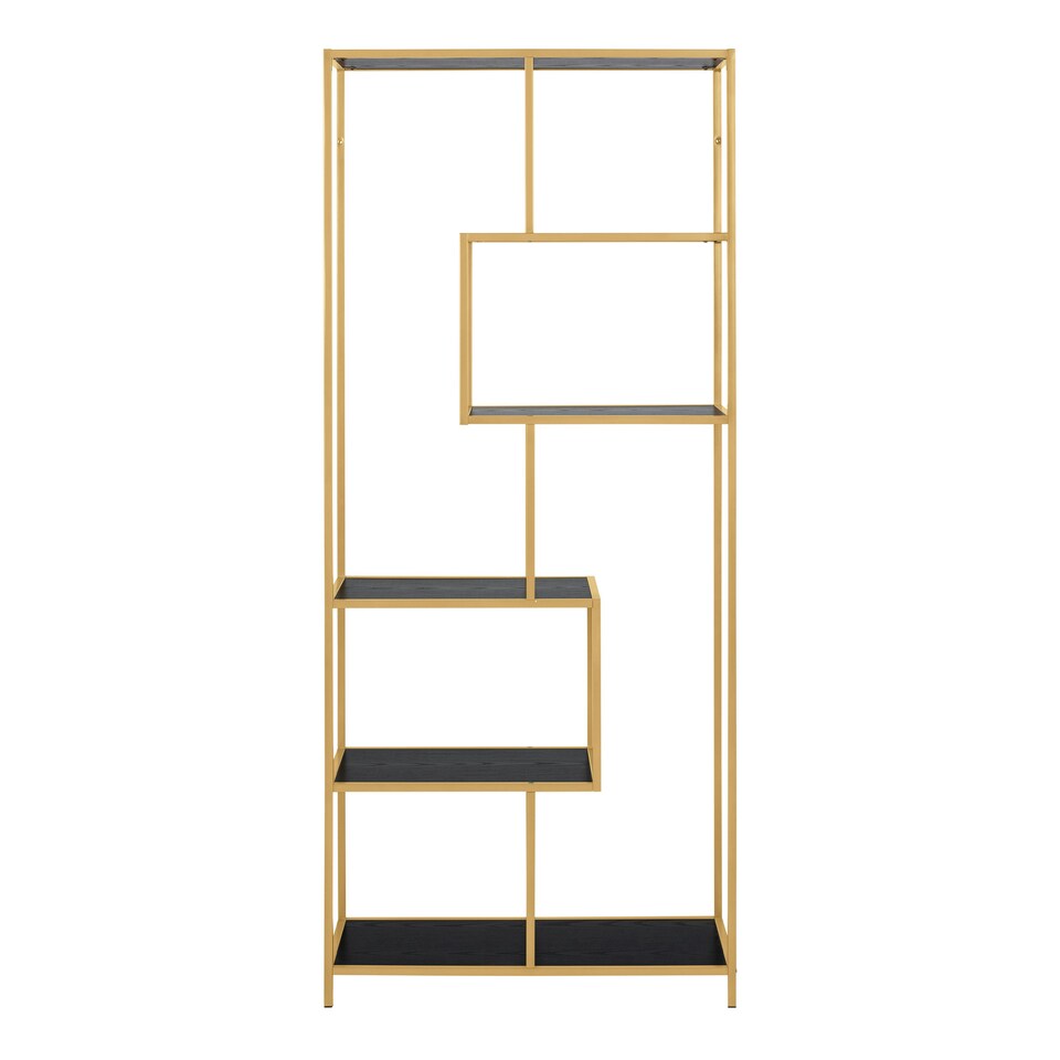 image 1 of Seaford Tall Gold Metal Bookcase with 5 Black Shelves
