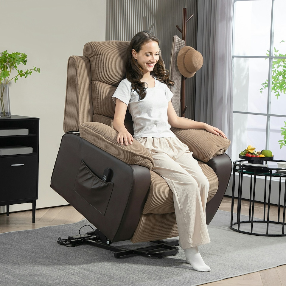 image 1 of HOMCOM Power Lift Riser and Recliner Chair with Remote Control, Brown Brown