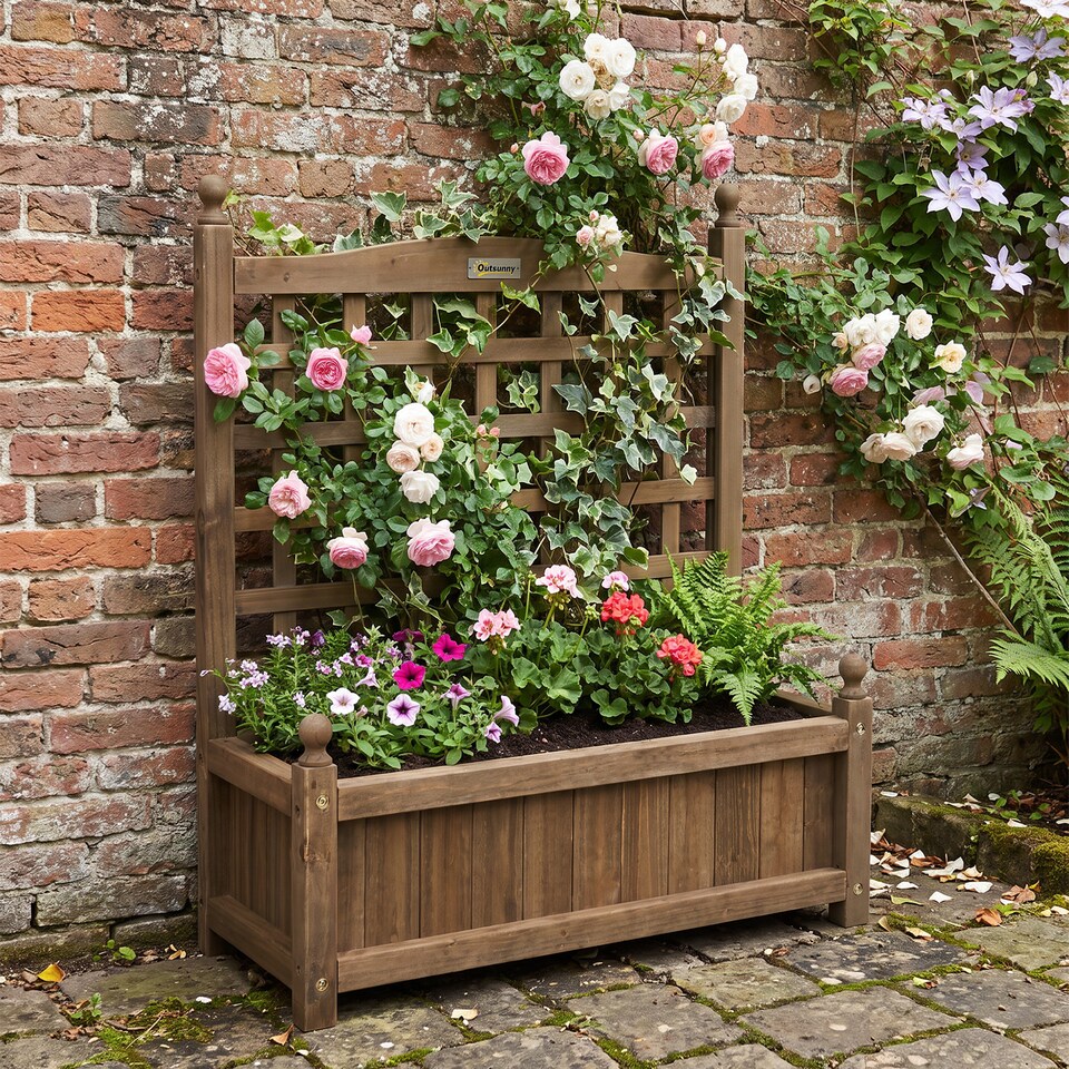 image 1 of Outsunny Raised Garden Bed with Trellis Garden Planters Indoor Outdoor Brown | Brown | Brown