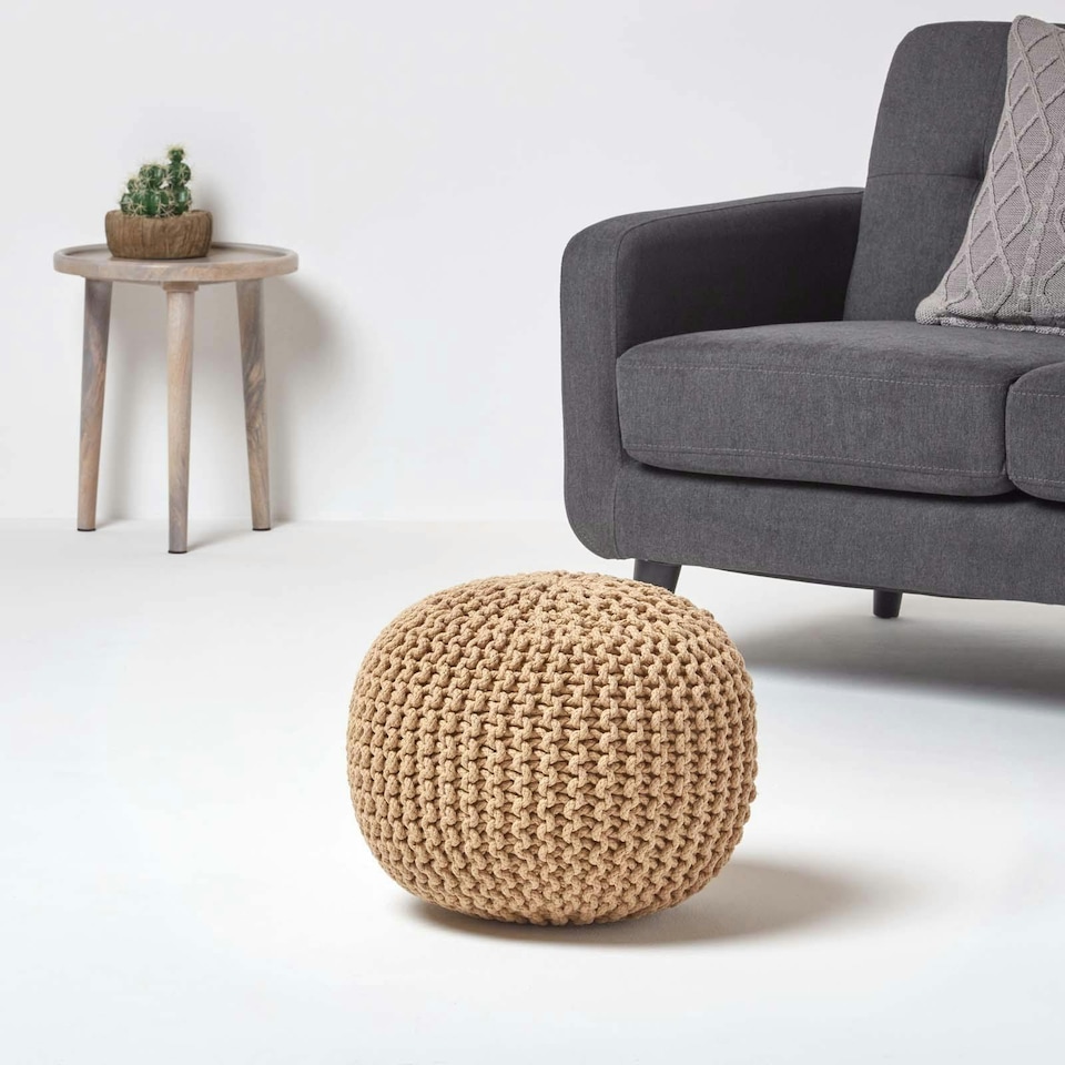 image 1 of Homescapes Linen Round Cotton Knitted Pouffe Footstool - 35 x 40 cm
