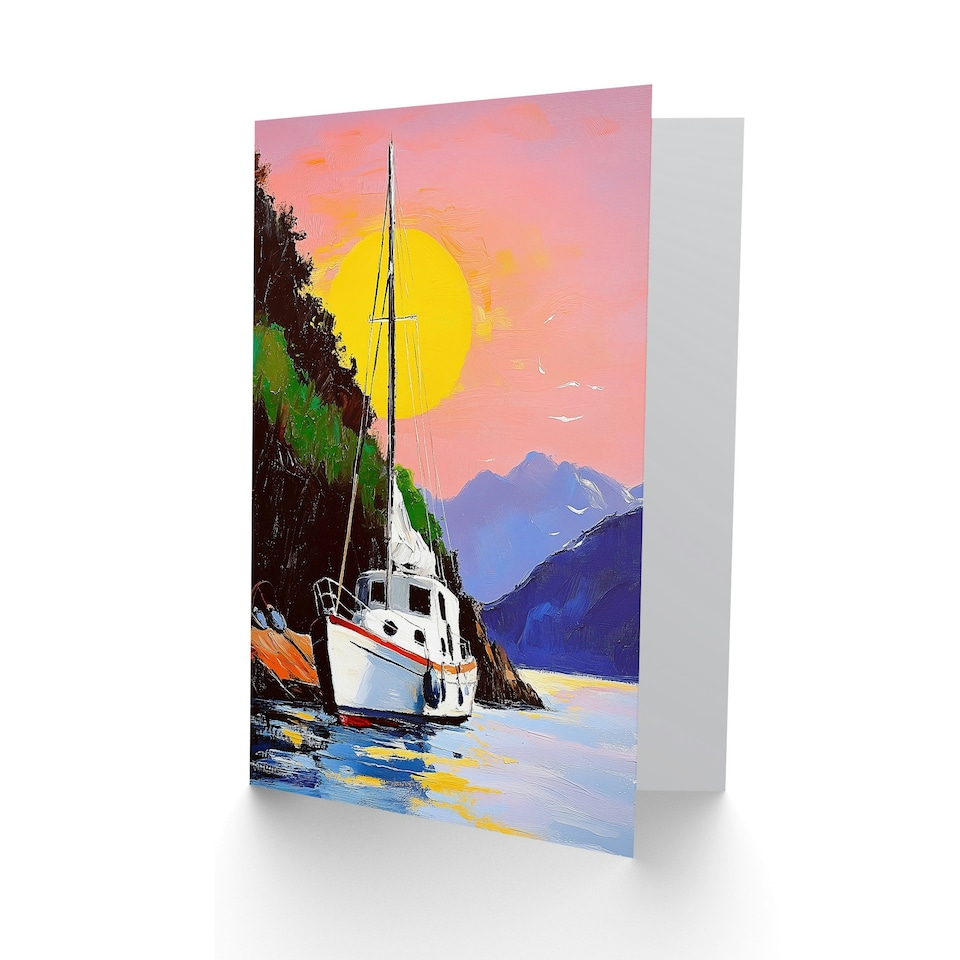 image 1 of Harbour Sunset Docked Sailboat Coastal Landscape Bon Voyage Greeting Card