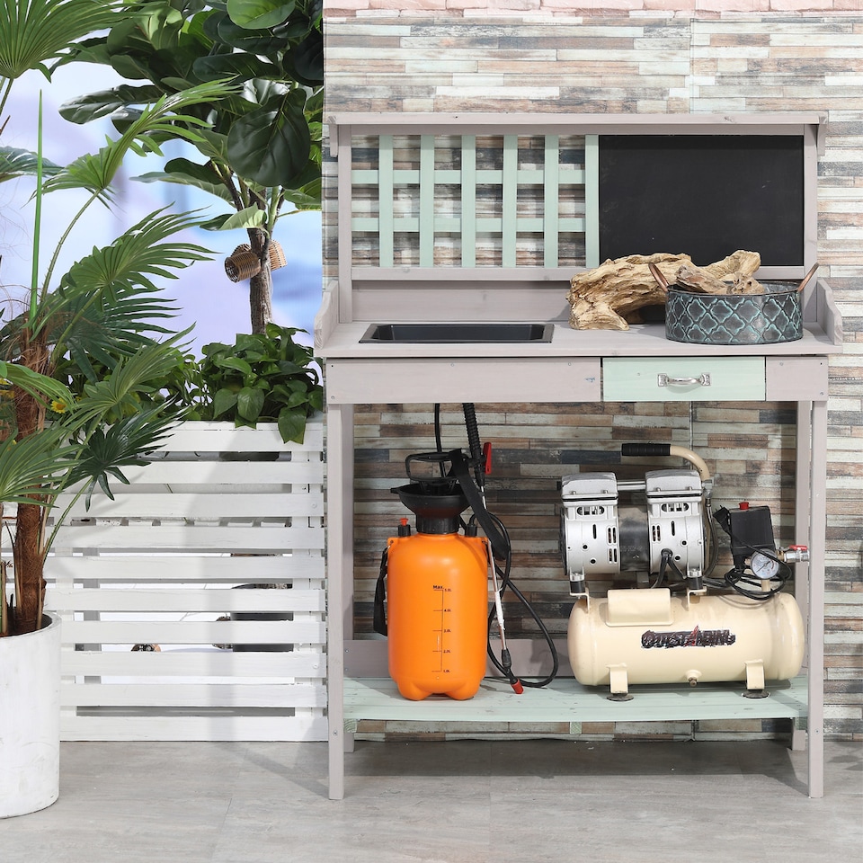 image 1 of HOMCOM Outdoor Potting Table Bench Workstation with Wood Planting Shelves | Grey | Dark Grey and Light Blue | Not provided