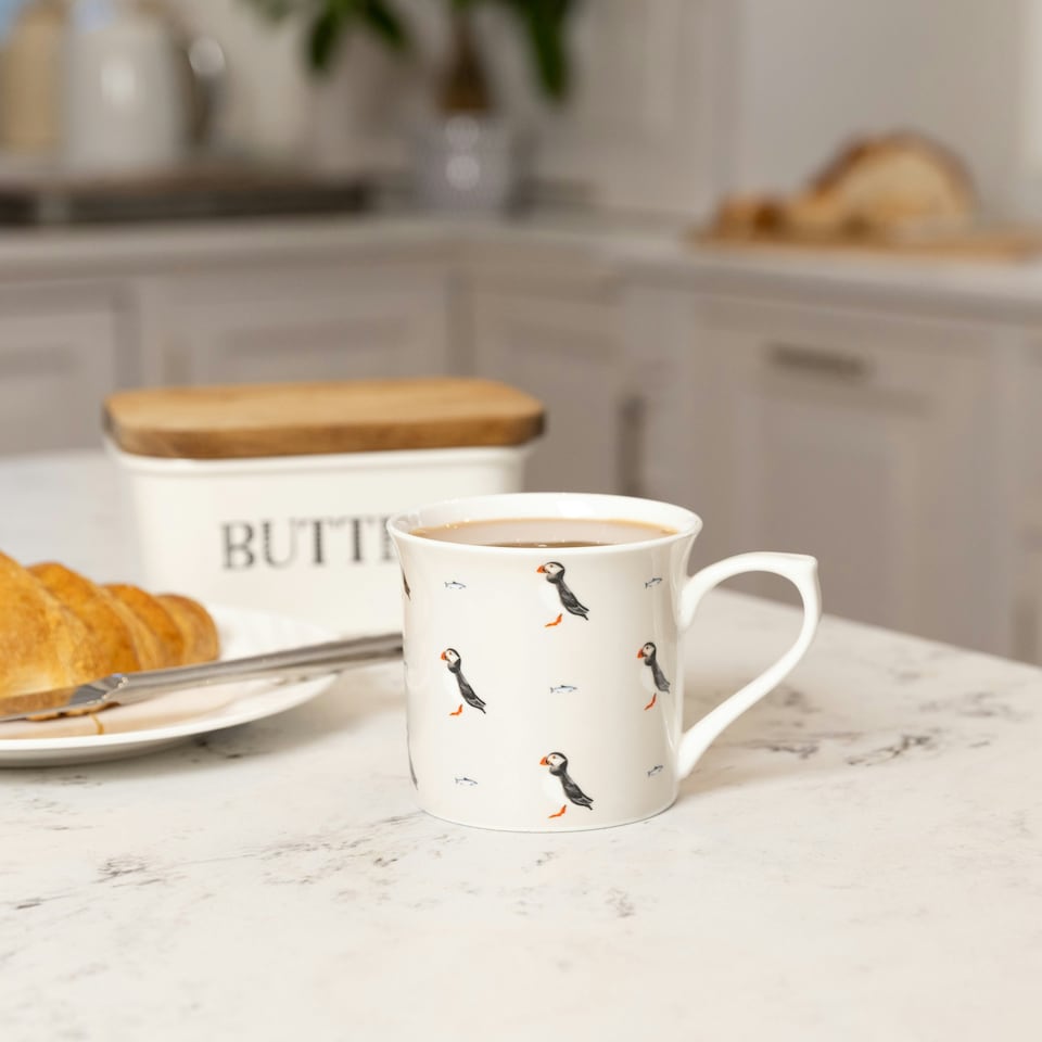 image 1 of KitchenCraft Fluted Fine Bone China Puffin Mug | White