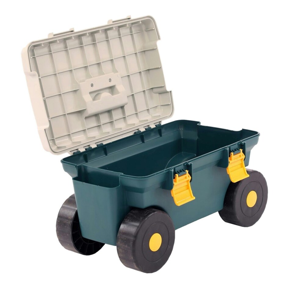image 1 of Oypla Outdoor Garden Rolling Tool Cart Storage Box with Rotating Seat Green