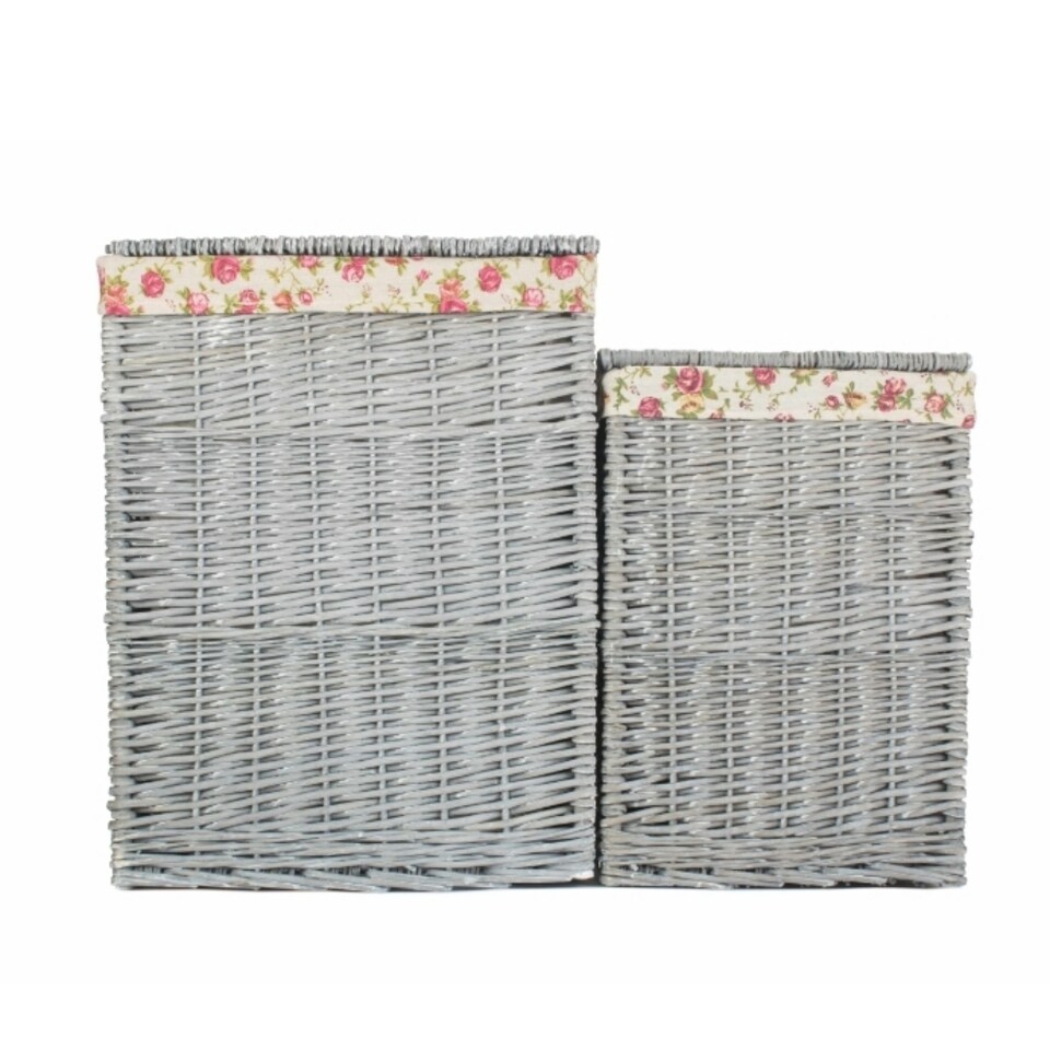 image 1 of Set of 2 Grey Wash Square Laundry Basket with Garden Rose Lining | Grey | Rose
