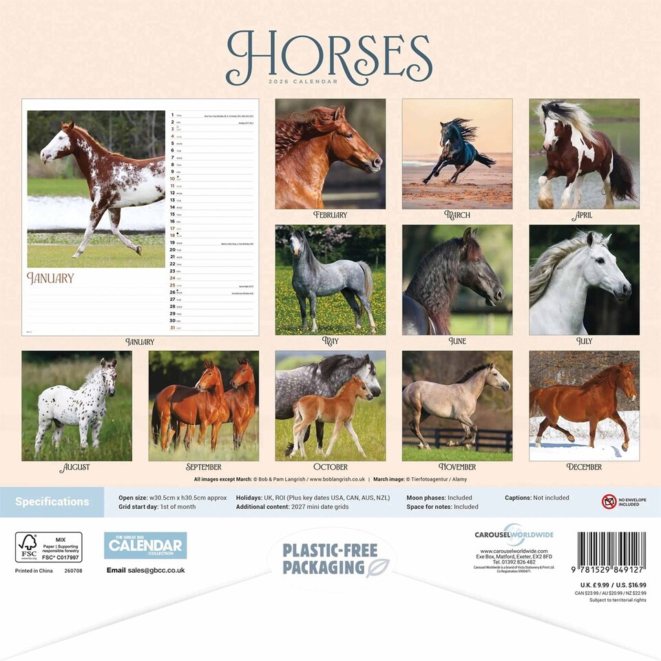 image 1 of Horses Calendar 2026, Wall Calendars, Month To View, Animals, Gift