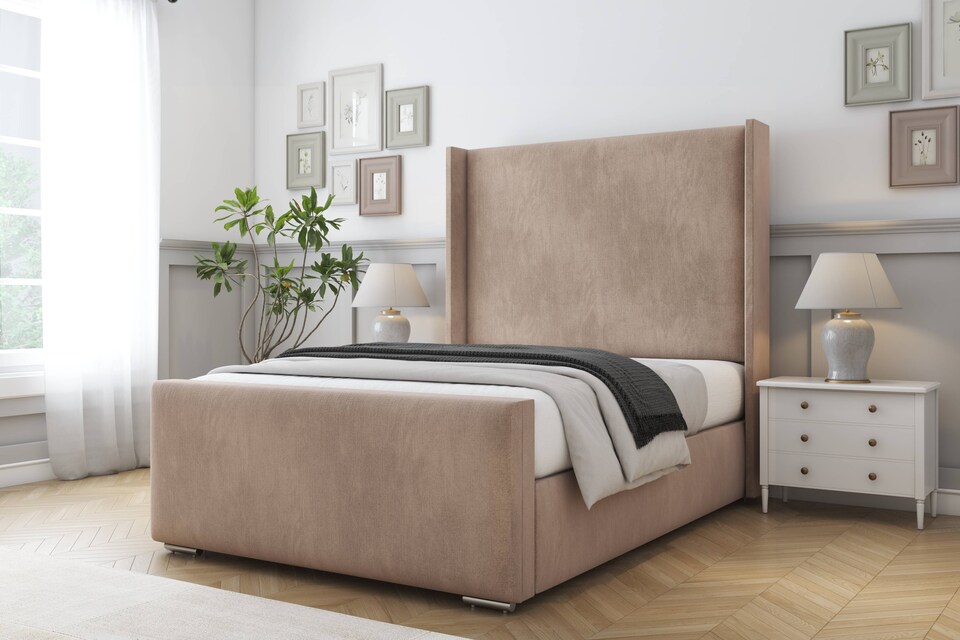 image 1 of Sloomy Devonshire Mink Naples Bed Frame With Mattress With 50"  Upholstered Wingback Headboard 4' Small Double