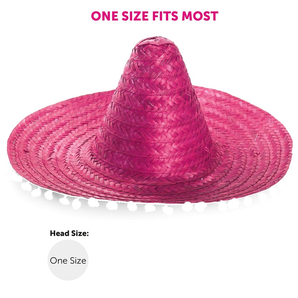 image 1 of Pink Mexican Sombrero – Fancy Dress Fiesta Hat with Pom-Pom Trim | Pink | 1