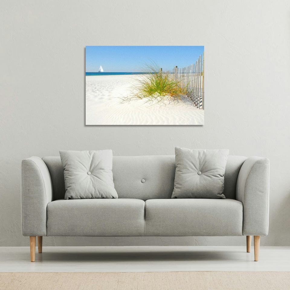 image 1 of dune fence by sea grass with sailboat on horizon (Canvas Print) 31 x 41 x 4cm