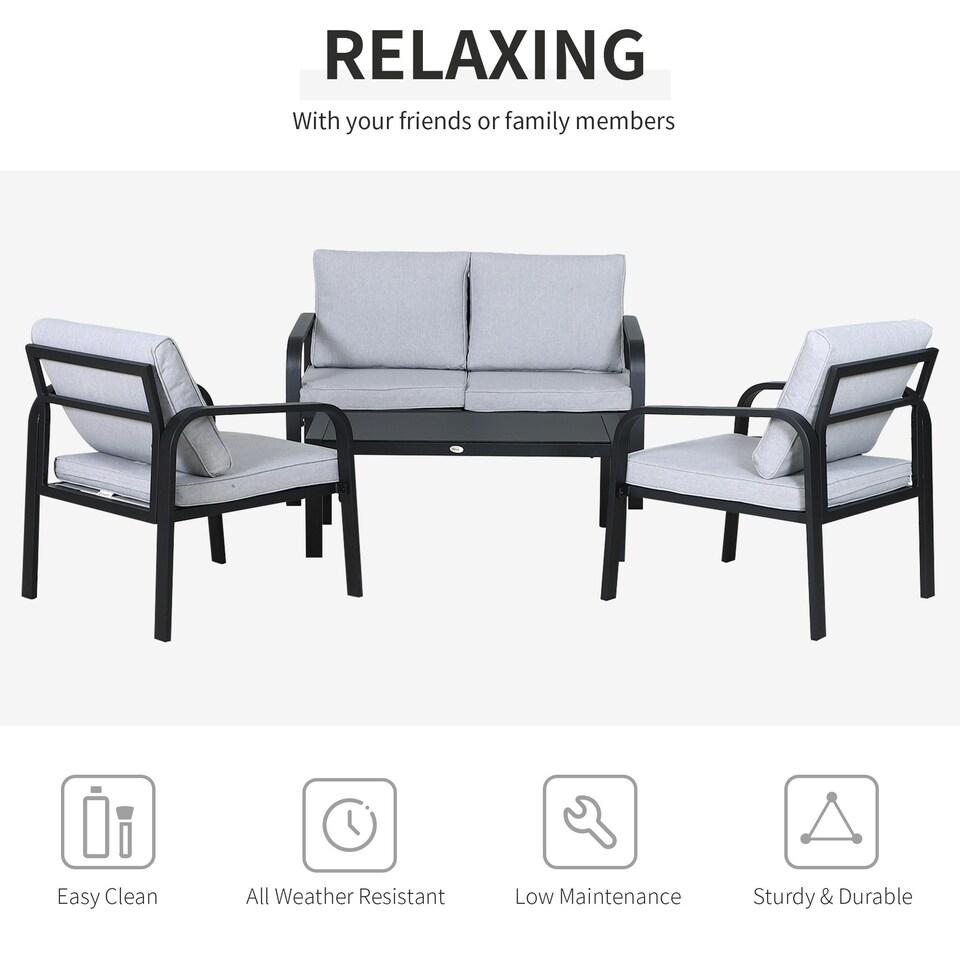 image 1 of Outsunny 4pcs Garden Sectional Loveseat Chairs Table Furniture w/ Cushion, Black