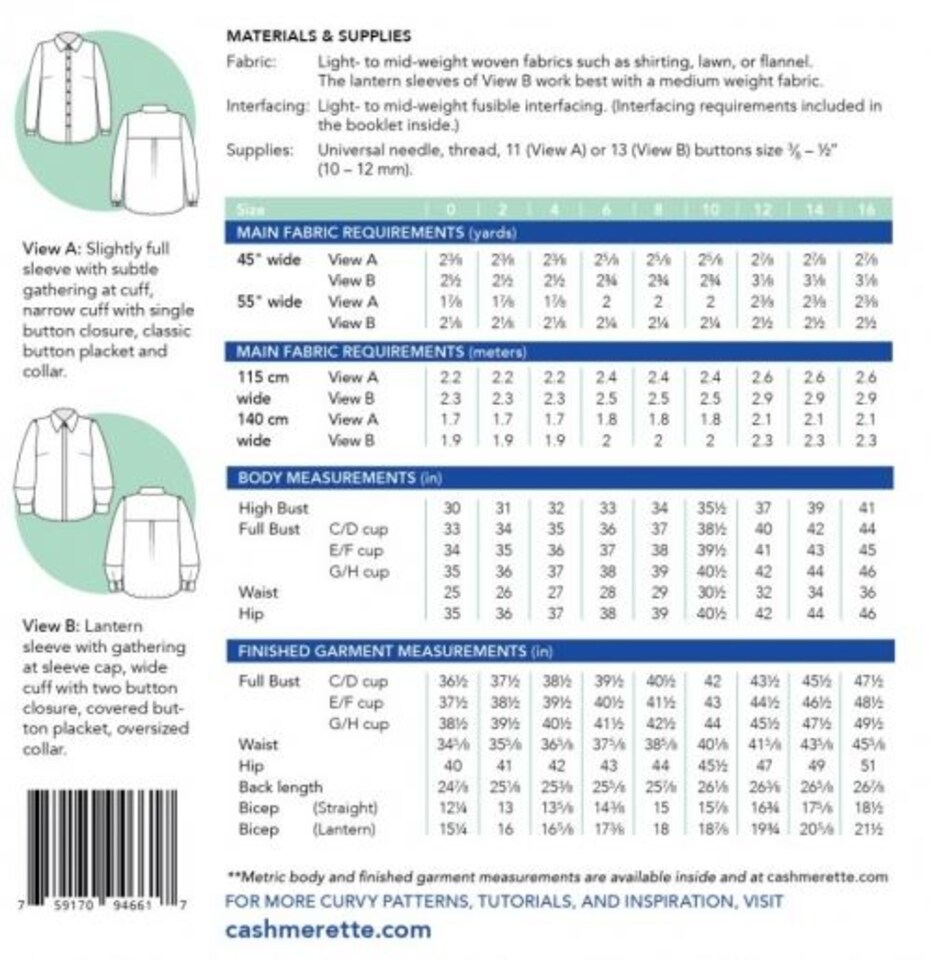 image 1 of Cashmerette Vernon Shirt Paper Sewing Pattern – Women’s Tops & Shirts, UK Sizes 0–16 (Uk 4–20), Intermediate