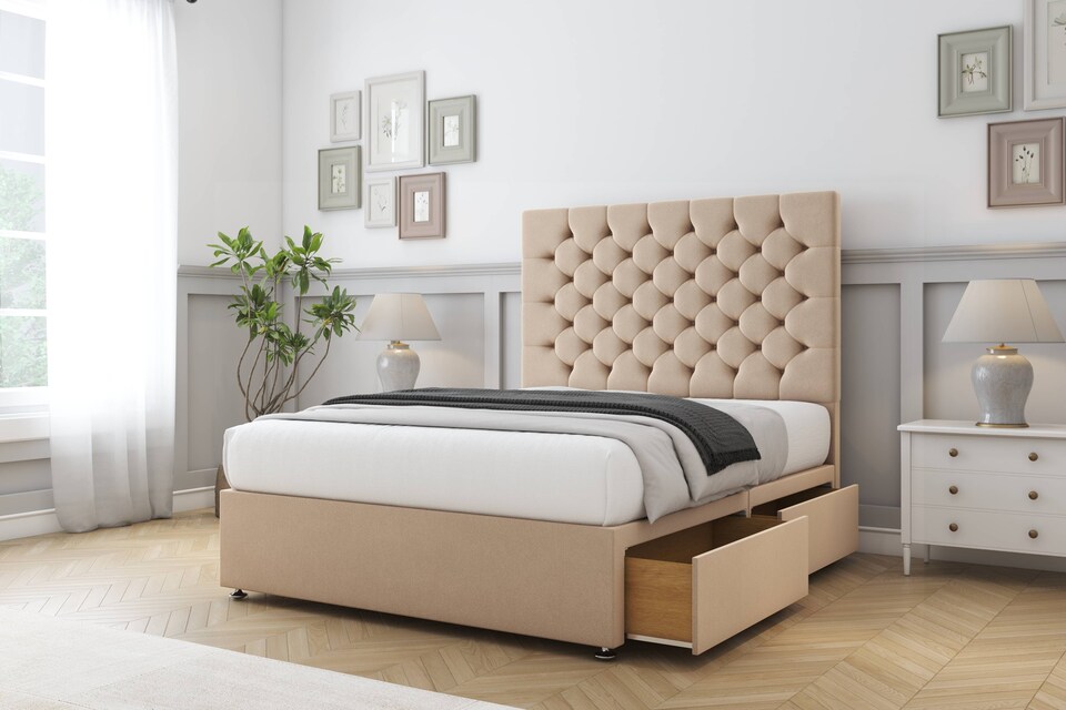 image 1 of Sloomy Mayfair Pebble Plush Divan Bed With Mattress No Drawers With 26" Strutted Headboard 5' King | Brown | Pebble | King | 1