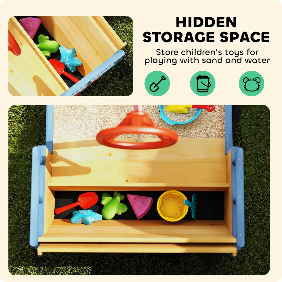 image 1 of Outsunny Kids Wooden Sandbox Pirate Ship Sandboat w/ Bench Seat Storage Space