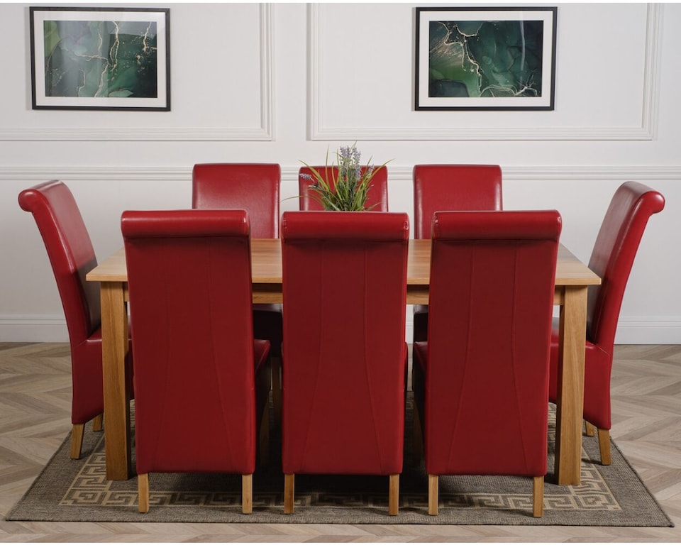 image 1 of Oslo 180 x 90 cm Large Oak Dining Table and 8 Montana Leather Chairs | Red | Red