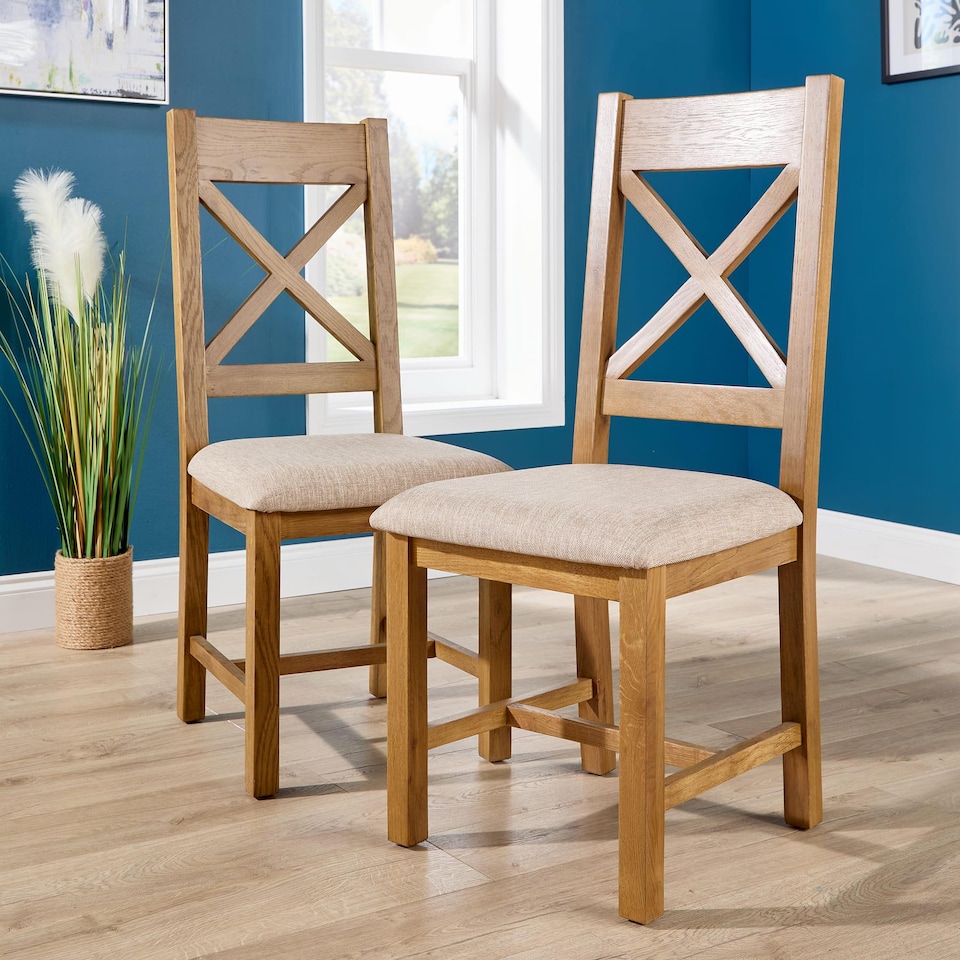 image 1 of Pair Of High Slatted Back Dining Chairs Wool Seat Solid Oak Legs Fully Assembled | Brown
