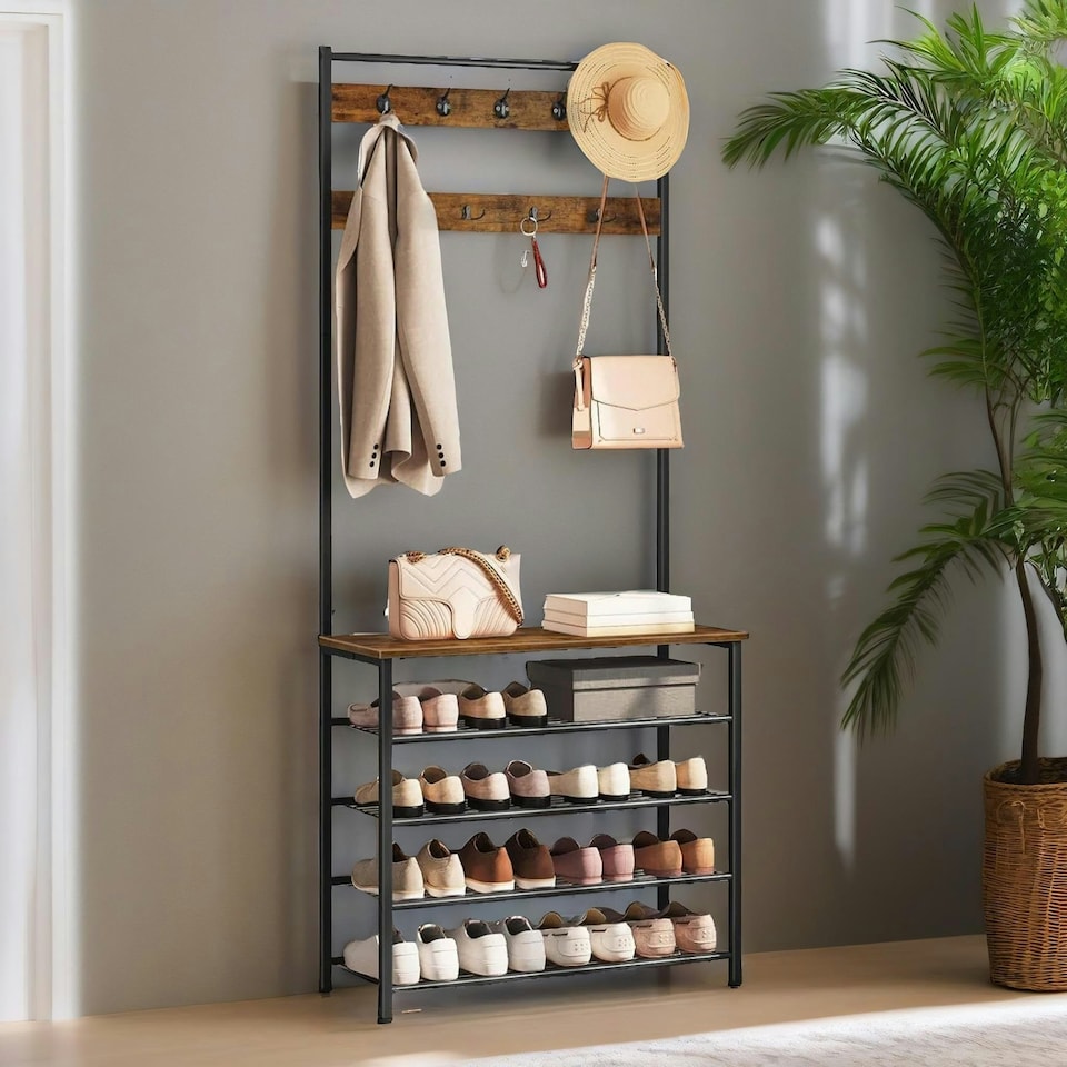 image 1 of Coat Rack Stand With 5 Tier Shoe Bench One Size