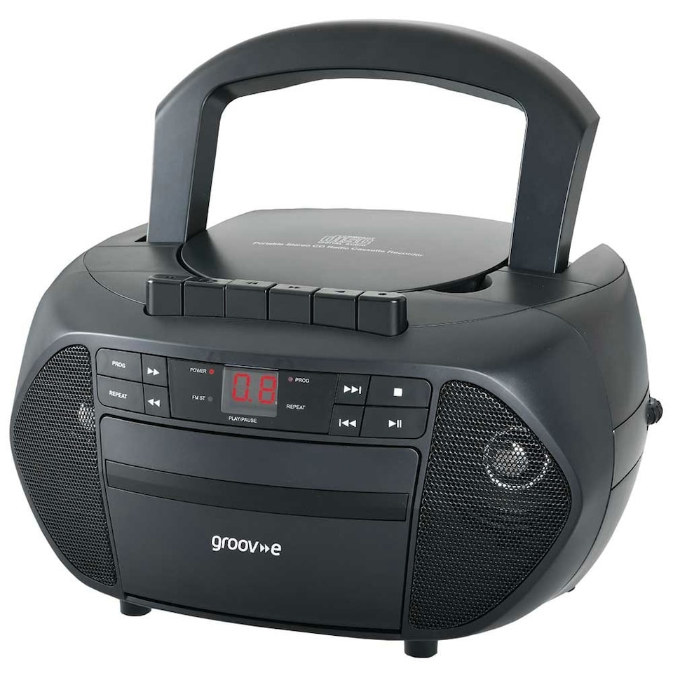 image 1 of Groov-e GVPS833/BK Traditional Boombox Portable CD & Cassette Player with Radio - Black