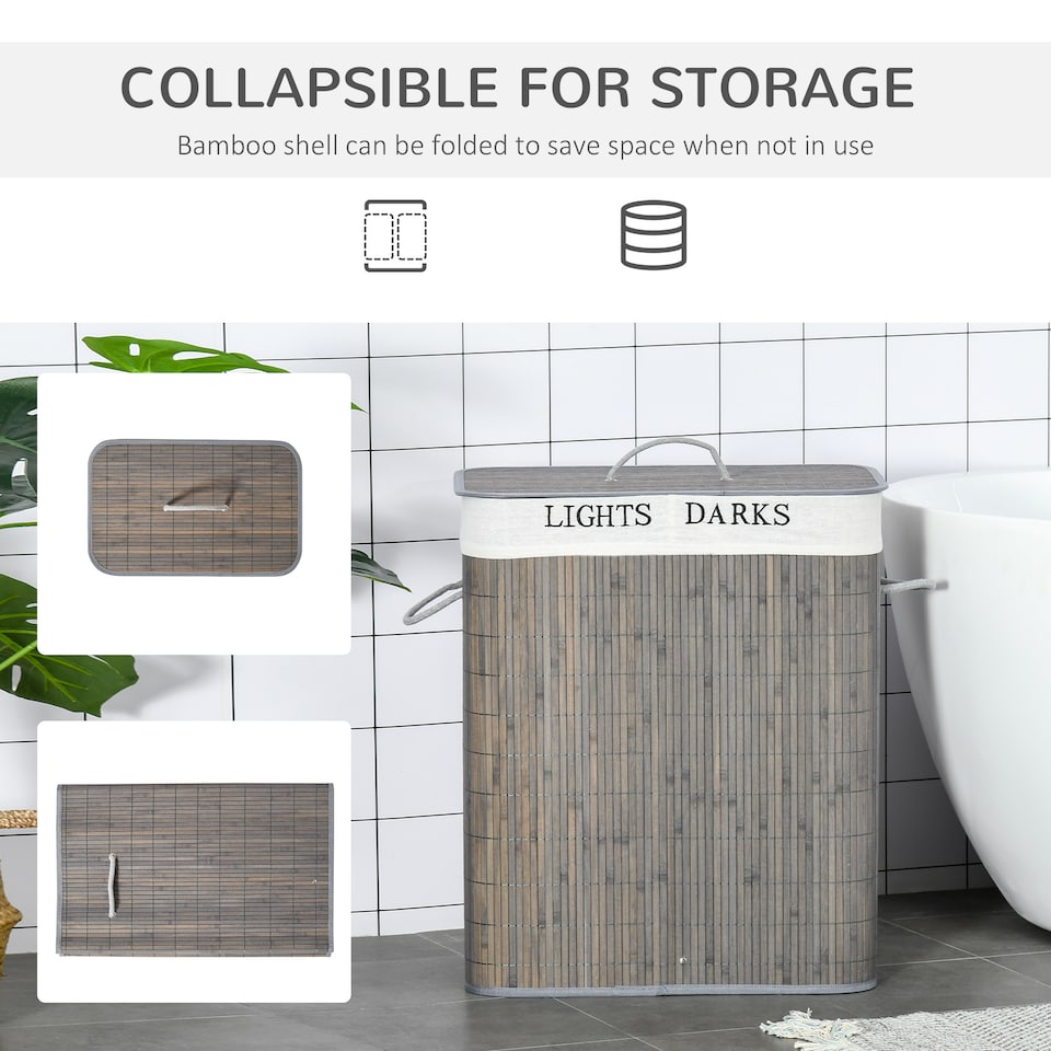 image 1 of HOMCOM 100L Laundry Basket with Lid String Handles, 2 Section Collapsible Hamper Removable Lining Foldable Water-Resistant Dirty Clothes Storage, Grey