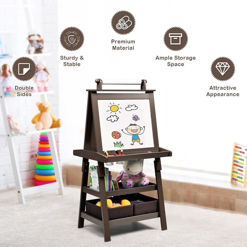 image 1 of COSTWAY 3 in 1 Kids Art Easel Double-Sided Blackboard Magnetic Whiteboard W/ Paper Roll