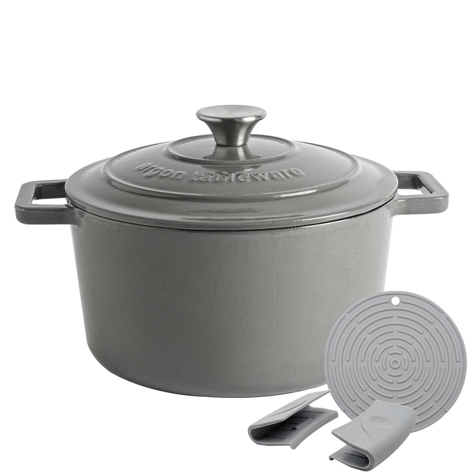 image 1 of Argon Tableware 4.5L Round Cast Iron Casserole Dish with Self-Basting Lid - 4.75QT Dutch Oven Roasting Dish Pot | Grey | Slate Grey | 1